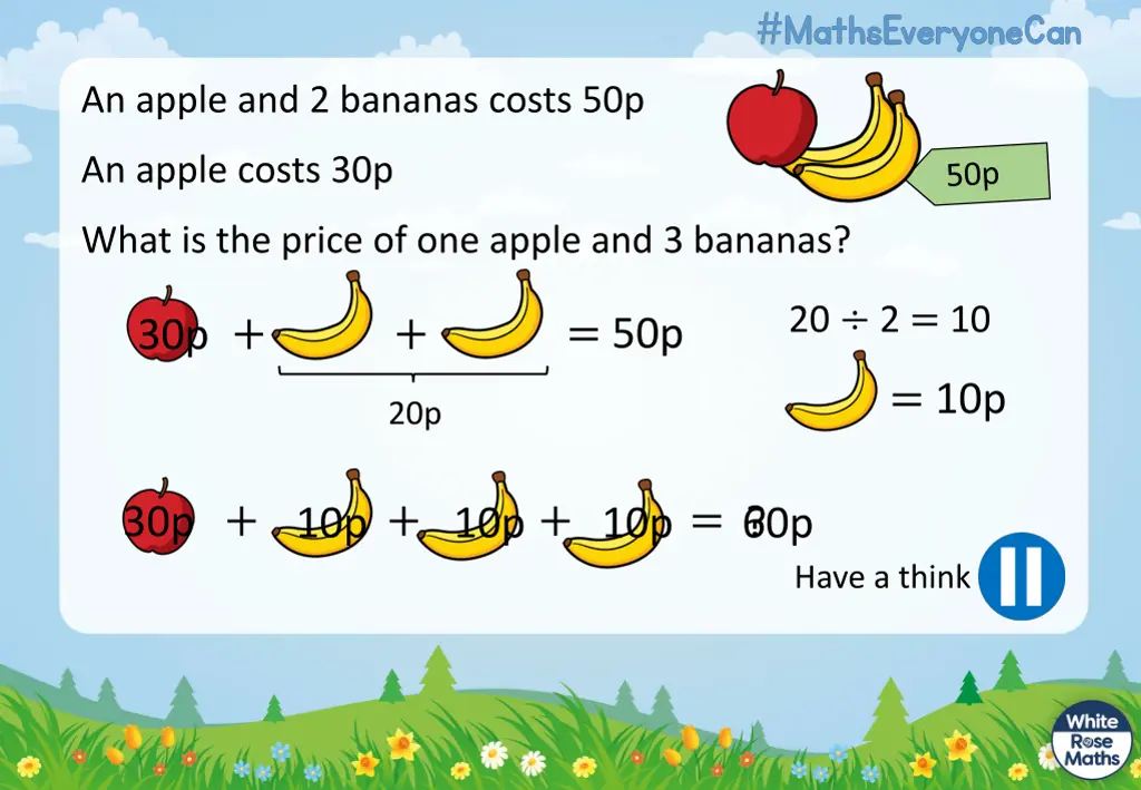 an apple and 2 bananas costs 50p