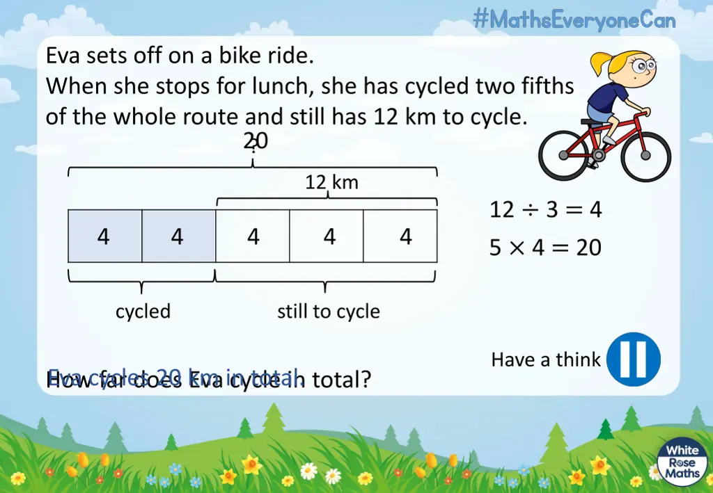 eva sets off on a bike ride when she stops