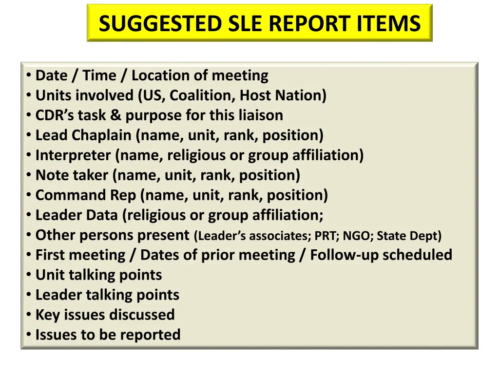 suggested sle report items