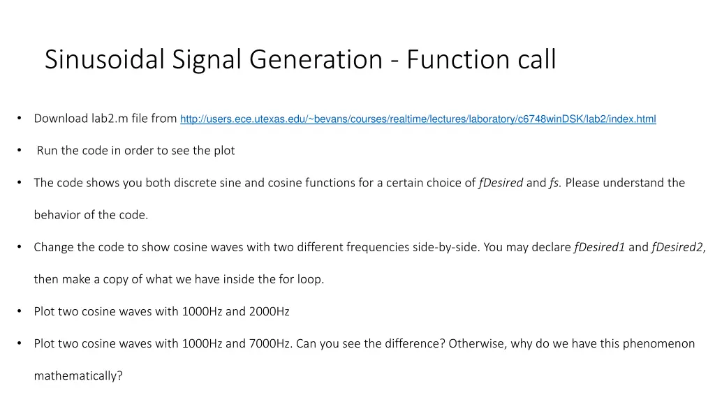 sinusoidal signal generation function call