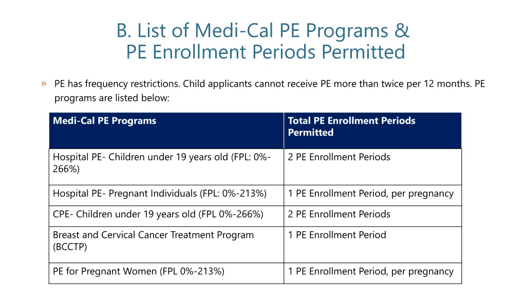 b list of medi cal pe programs pe enrollment