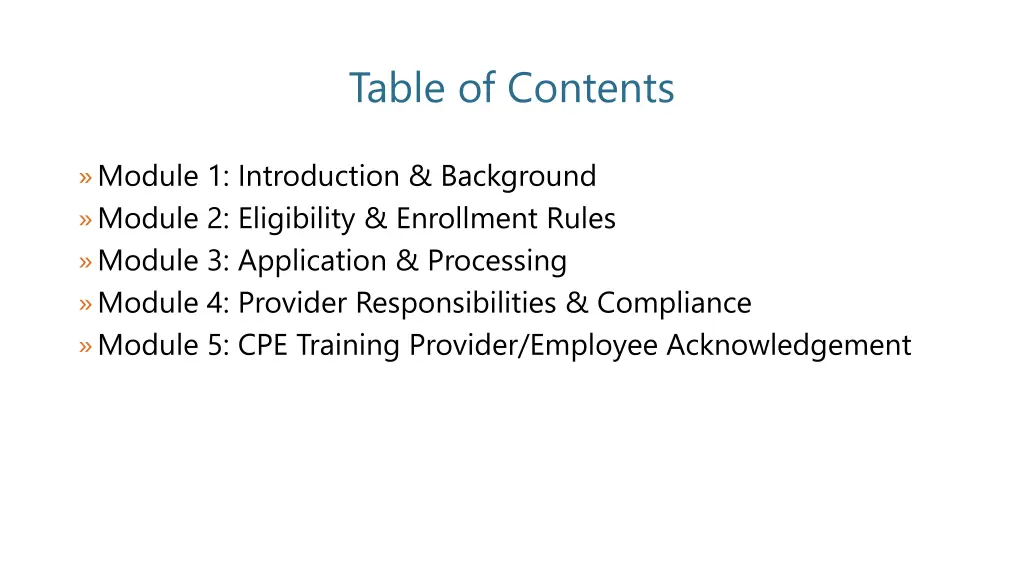 table of contents