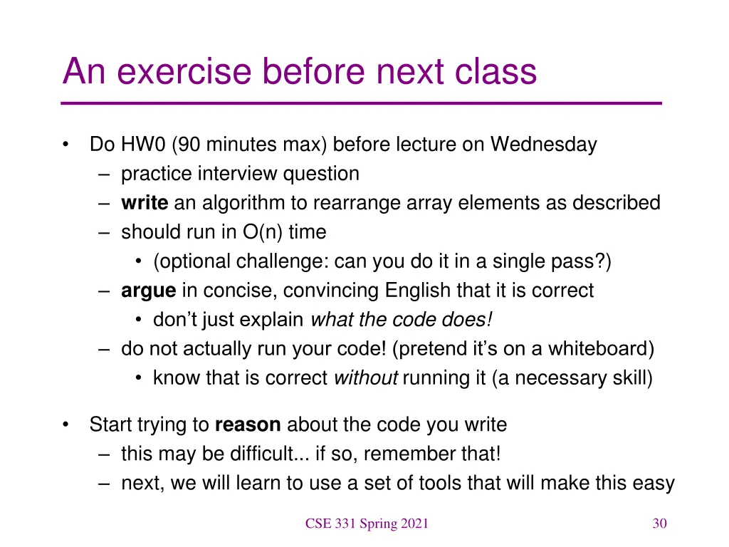 an exercise before next class