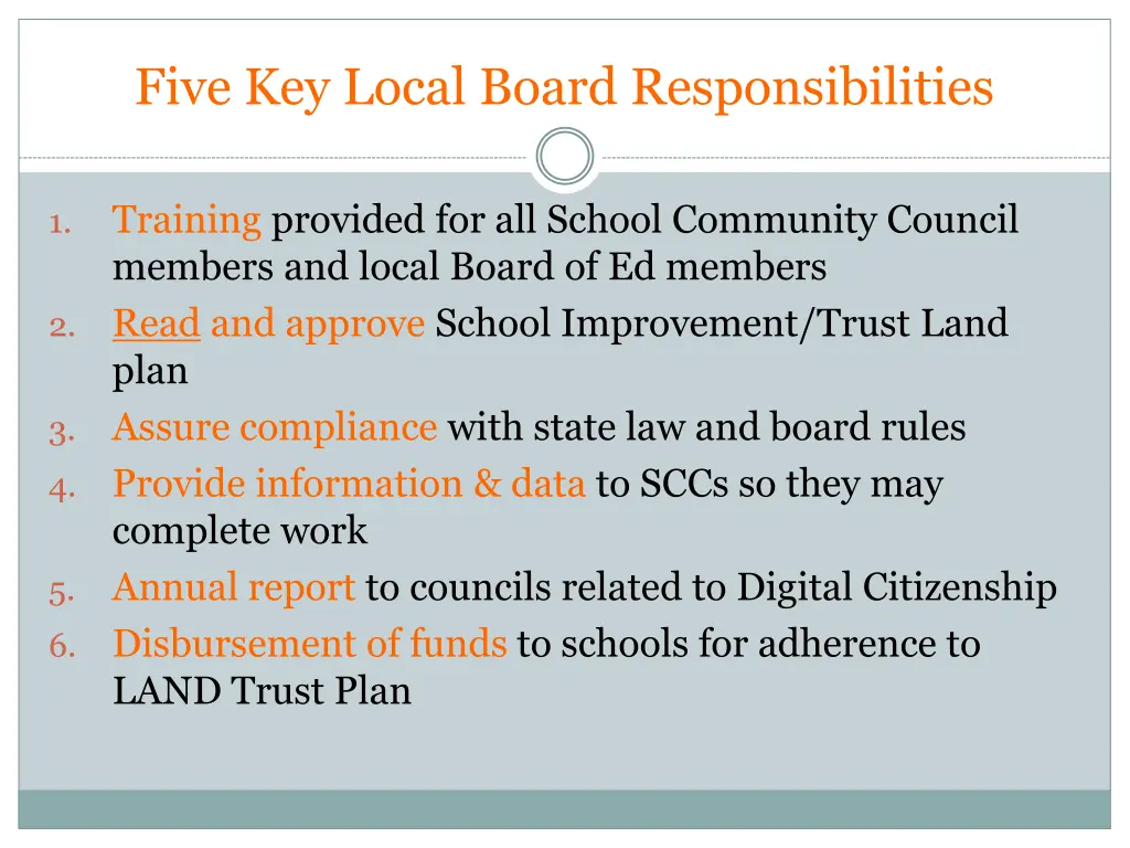 five key local board responsibilities