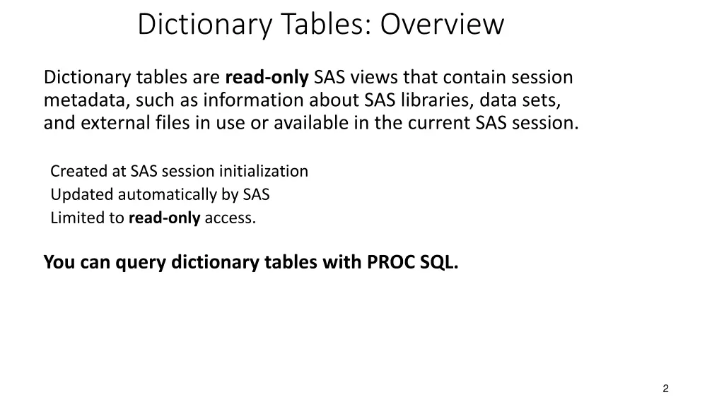 dictionary tables overview
