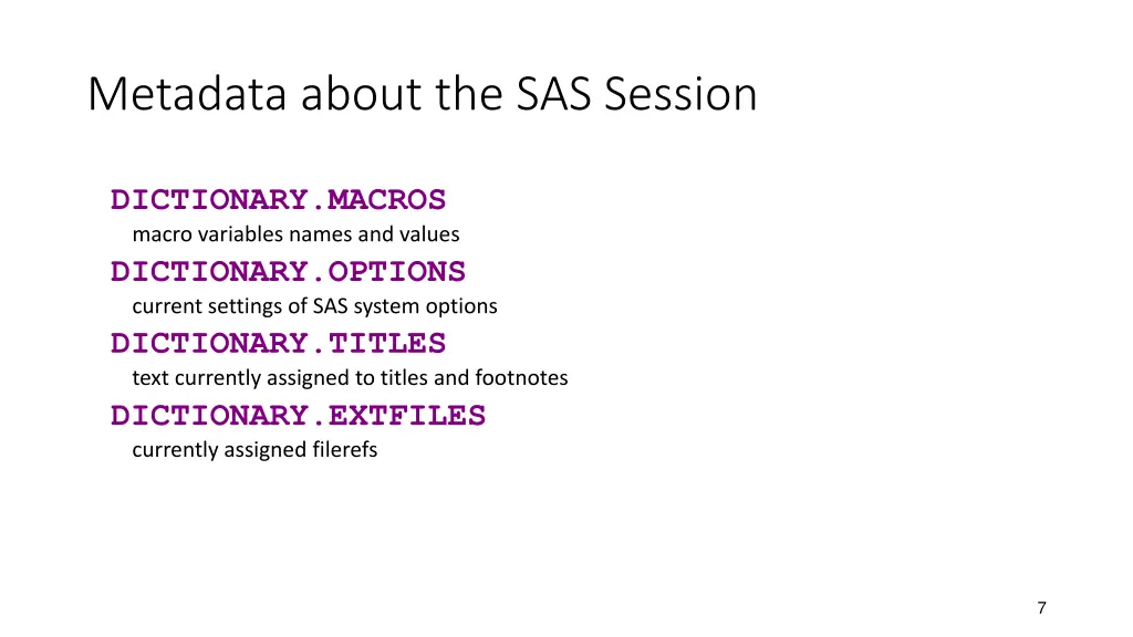 metadata about the sas session