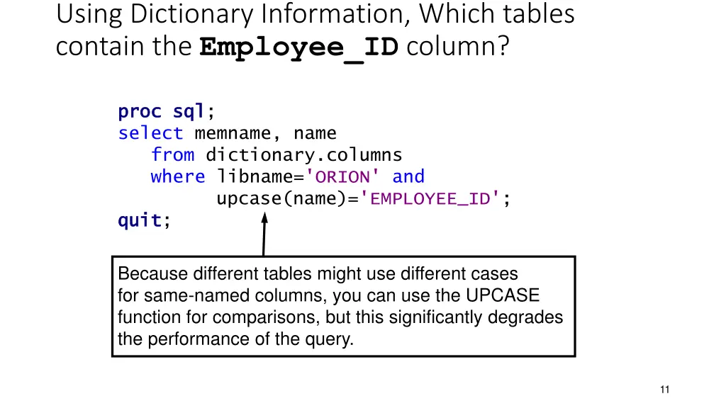 using dictionary information which tables contain