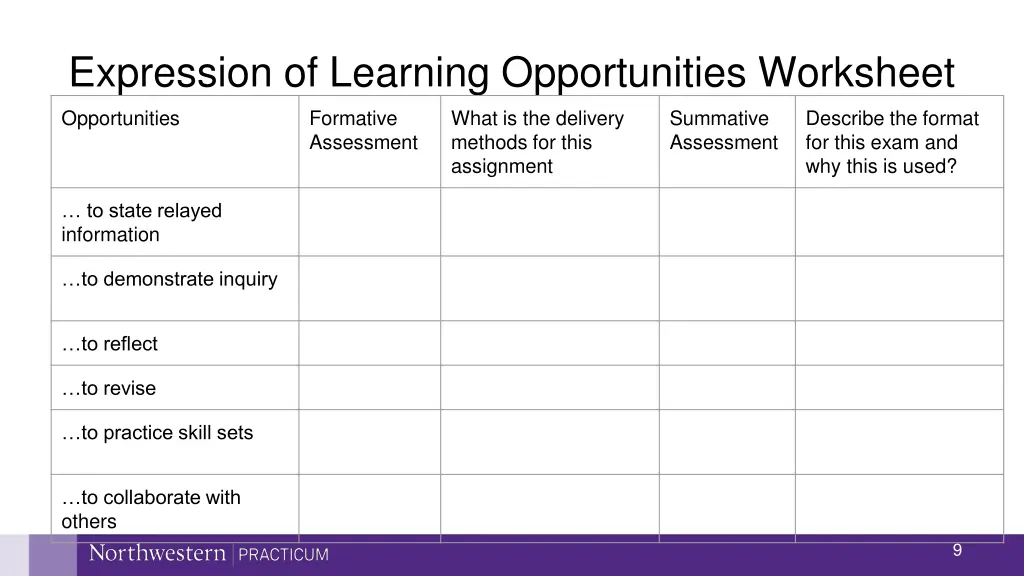 expression of learning opportunities worksheet
