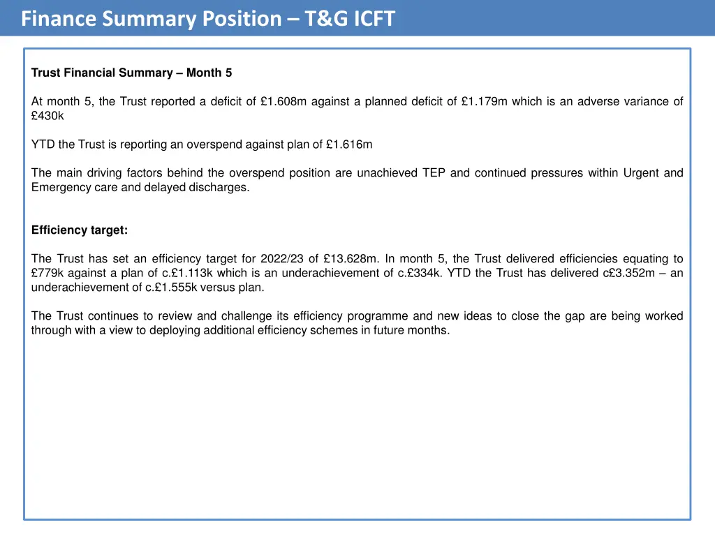 finance summary position t g icft 1