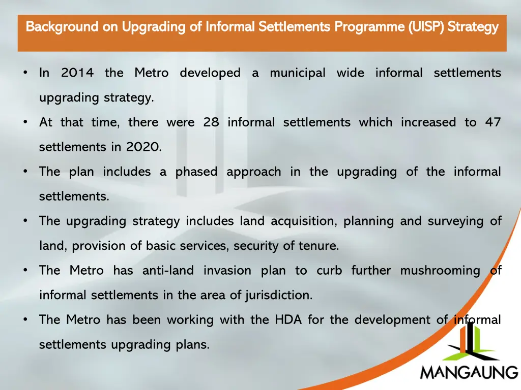 background on upgrading of informal settlements