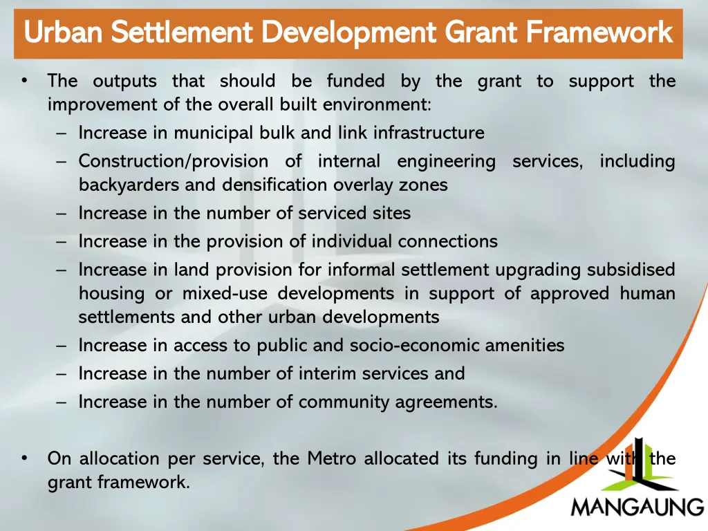 urban settlement development grant framework 1