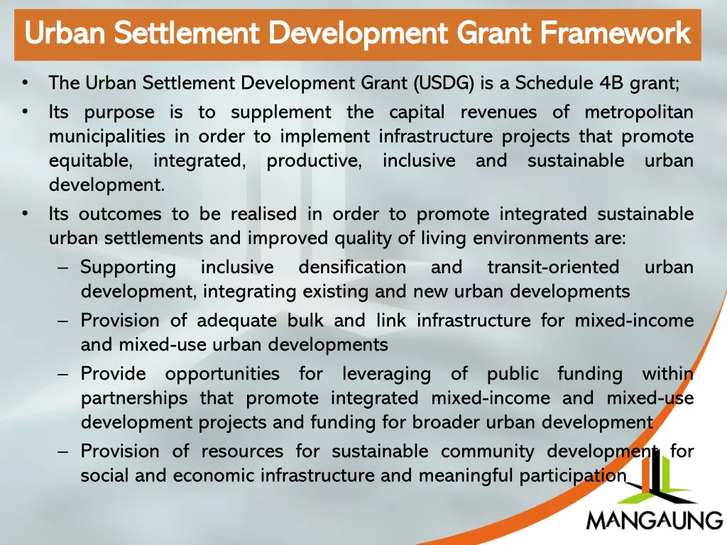 urban settlement development grant framework