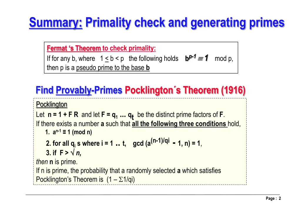 summary primality check and generating primes