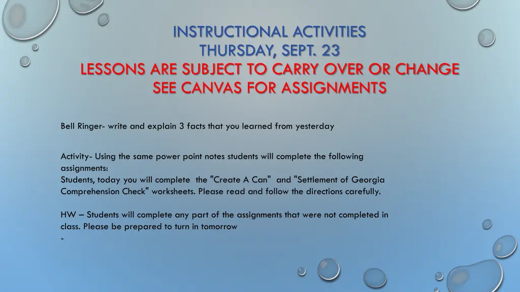 instructional activities thursday sept 23 lessons