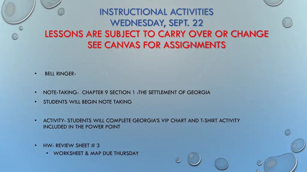 instructional activities wednesday sept