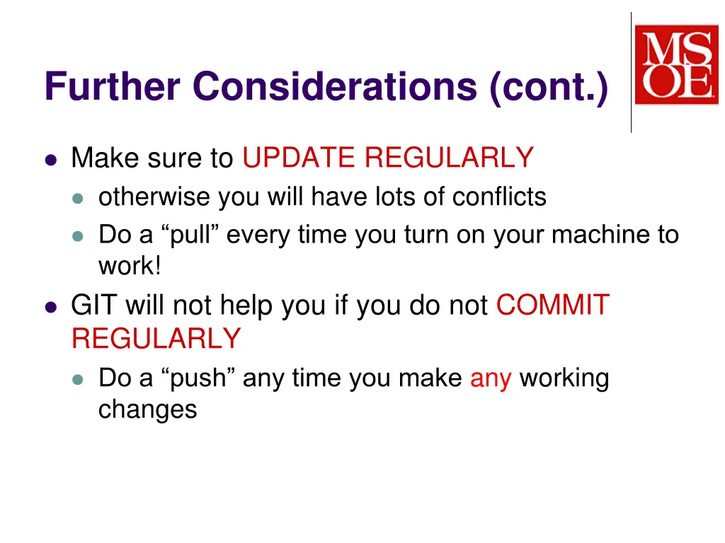 further considerations cont