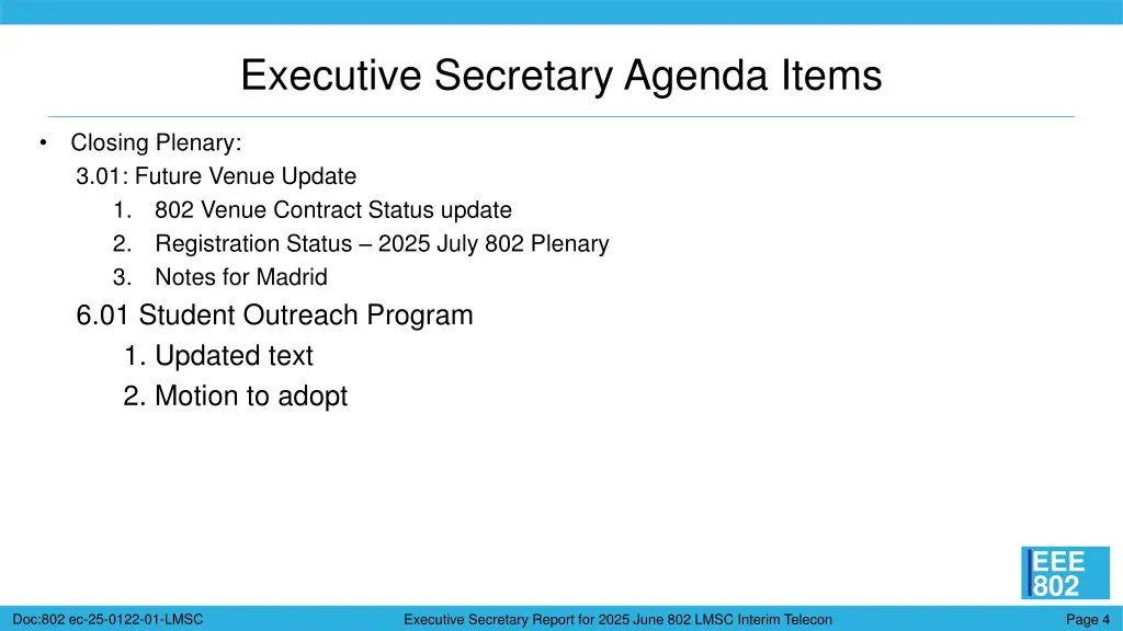 executive secretary agenda items