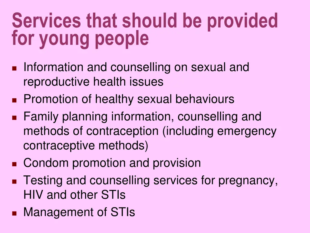 services that should be provided for young people
