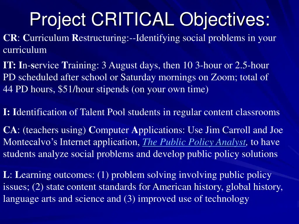project critical objectives cr c urriculum