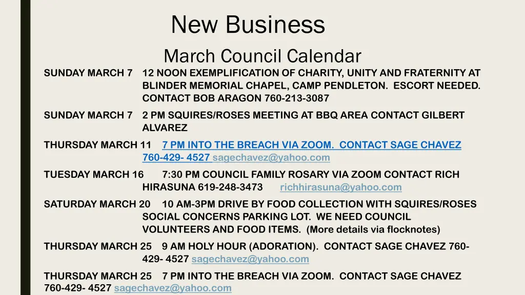 new business march council calendar