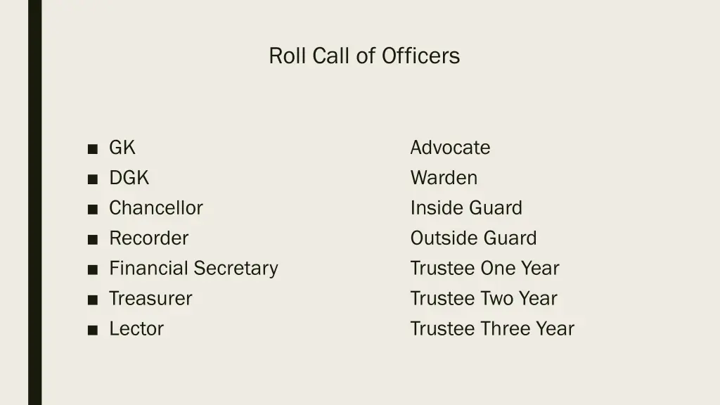 roll call of officers