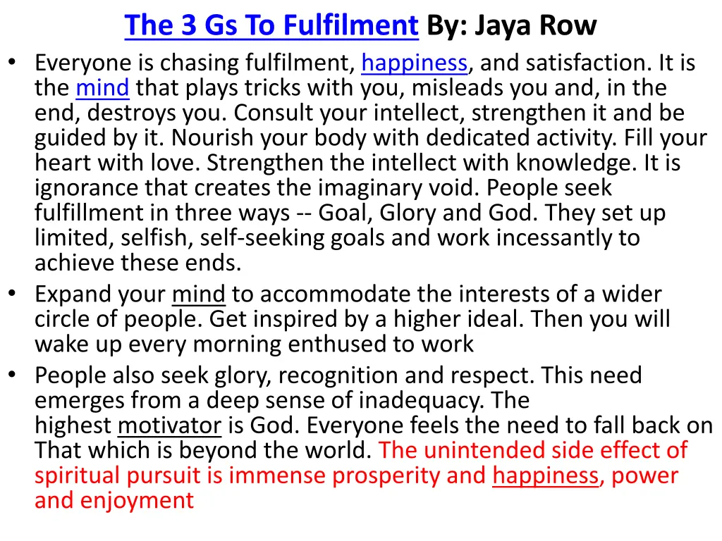 the 3 gs to fulfilment by jaya row everyone