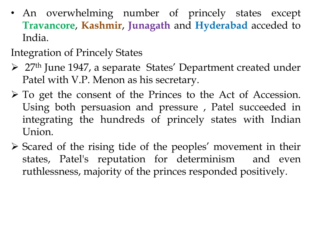 an travancore kashmir junagath and hyderabad