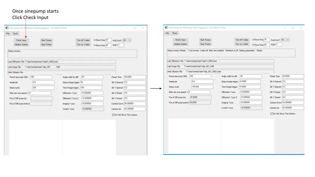 once sinepump starts click check input