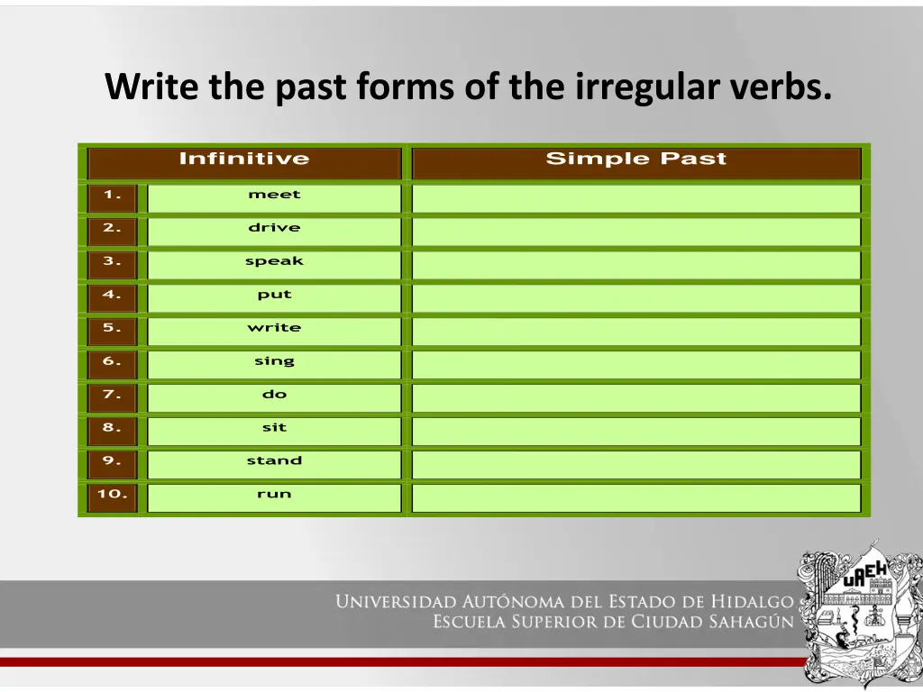 write the past forms of the irregular verbs