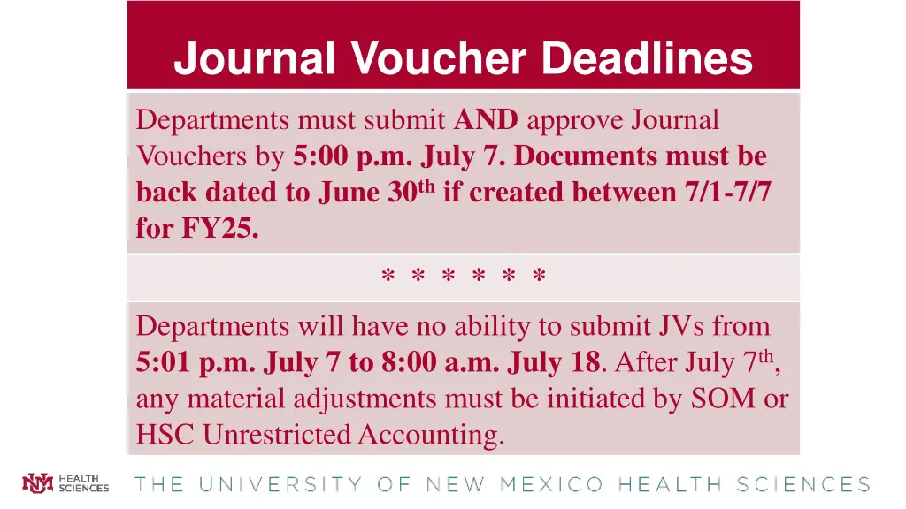journal voucher deadlines