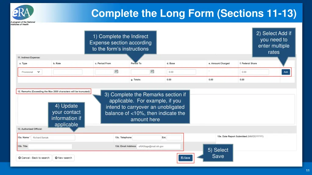 complete the long form sections 11 13