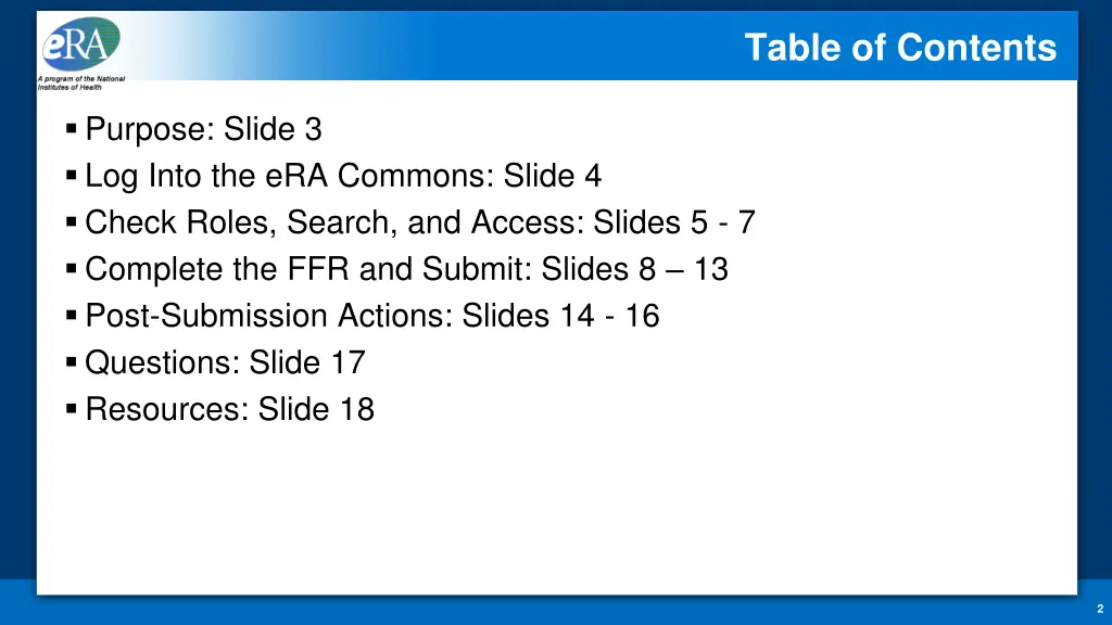 table of contents
