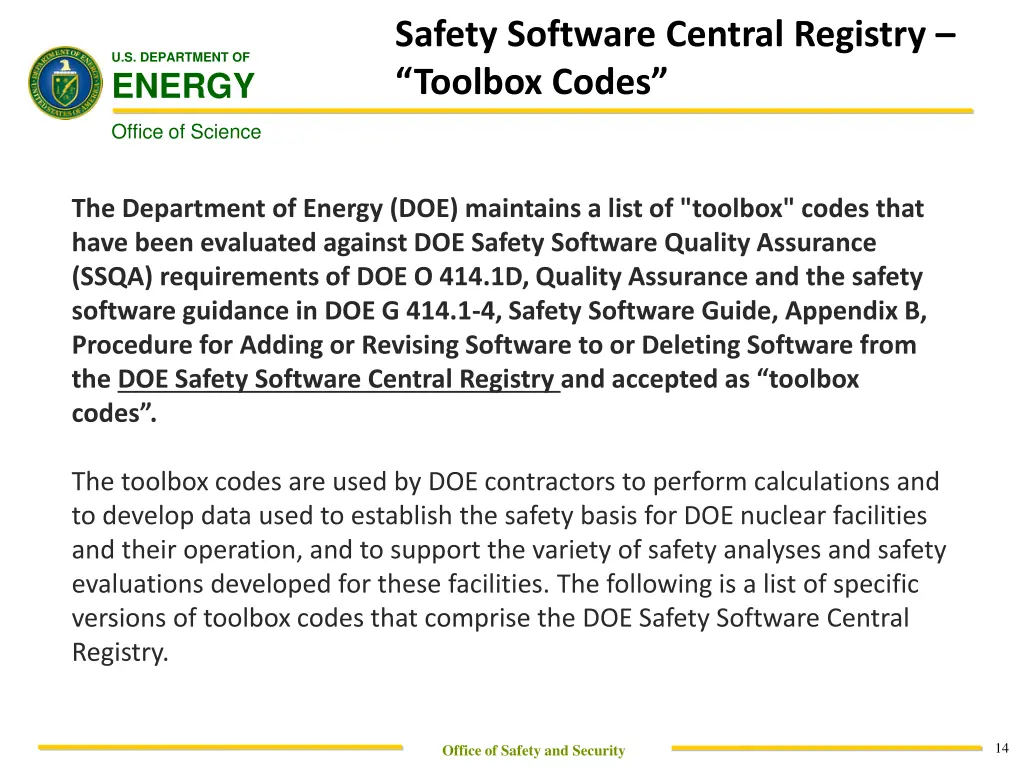 safety software central registry toolbox codes