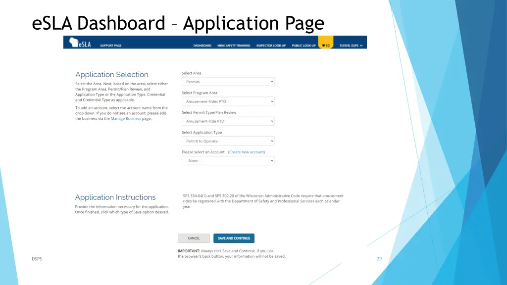 esla dashboard application page