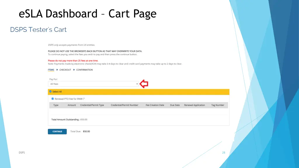 esla dashboard cart page