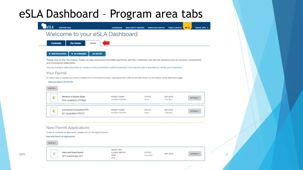 esla dashboard program area tabs