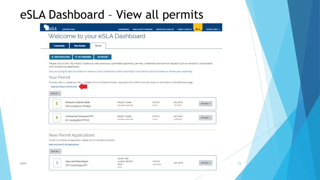 esla dashboard view all permits
