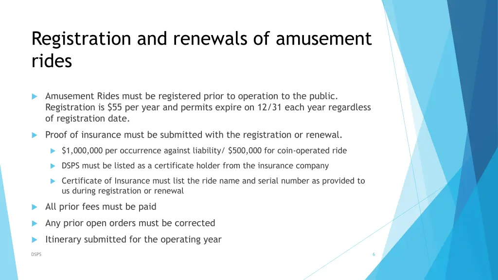 registration and renewals of amusement rides
