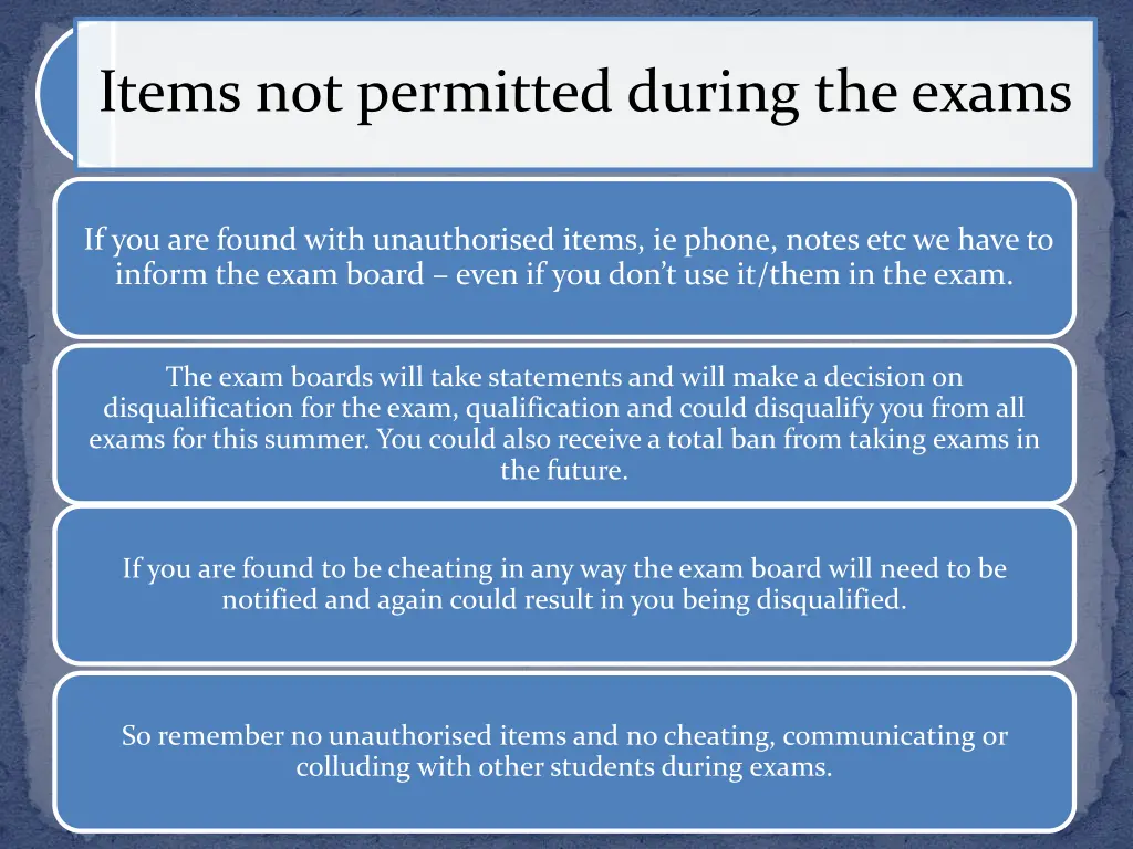 items not permitted during the exams 1