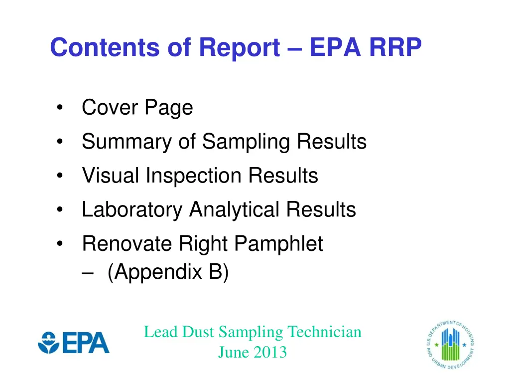 contents of report epa rrp