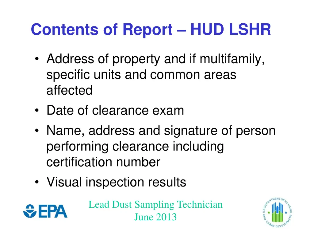 contents of report hud lshr
