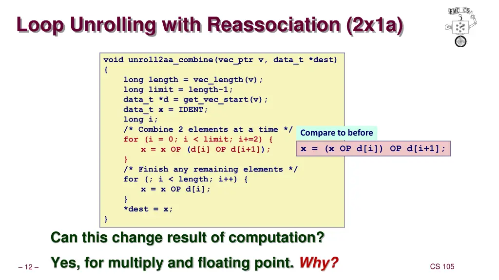 loop unrolling with reassociation 2x1a