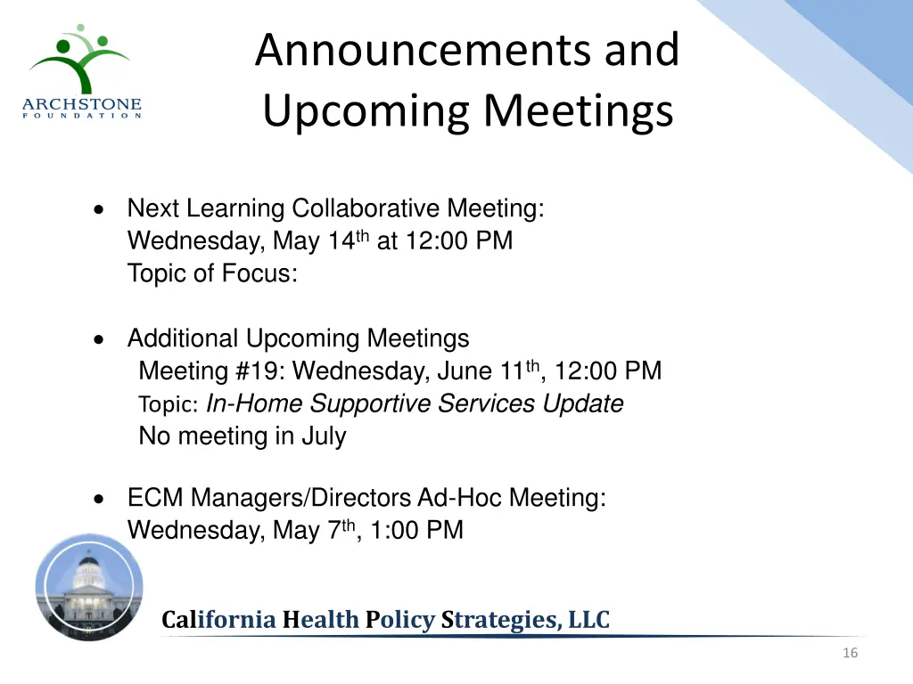 announcements and upcoming meetings
