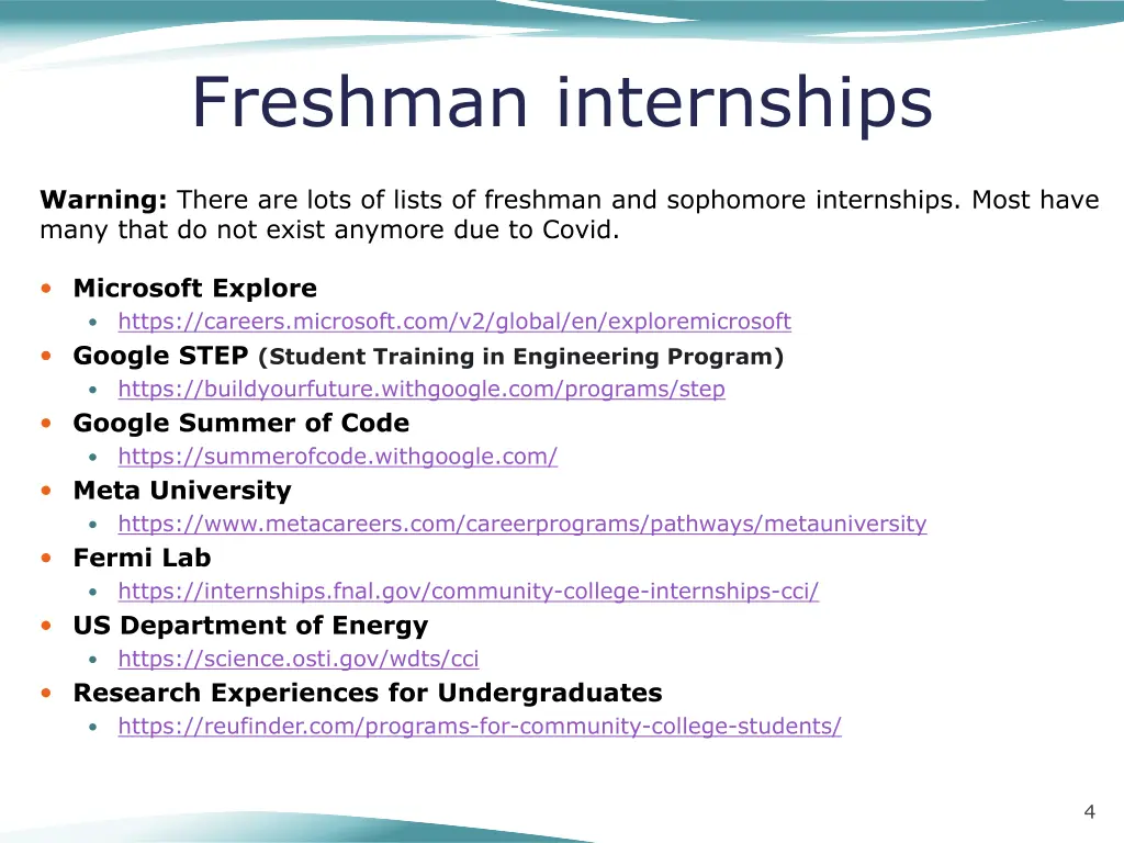 freshman internships
