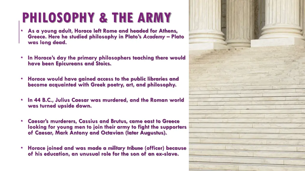 philosophy the army as a young adult horace left