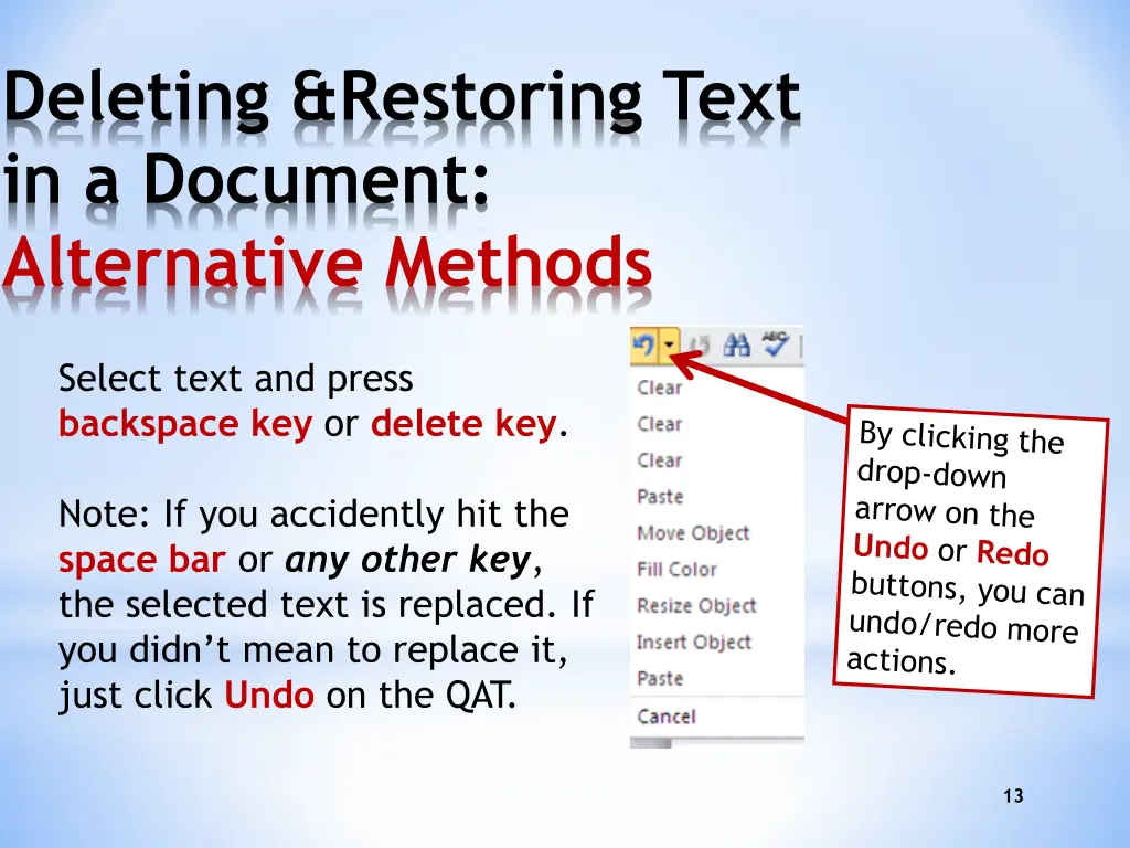 deleting restoring text in a document alternative