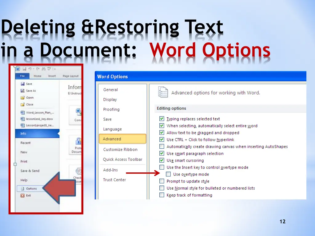 deleting restoring text in a document word options