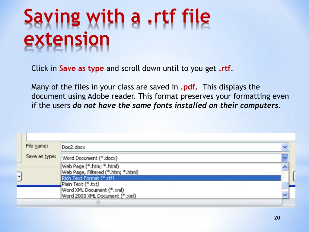 saving with a rtf file extension