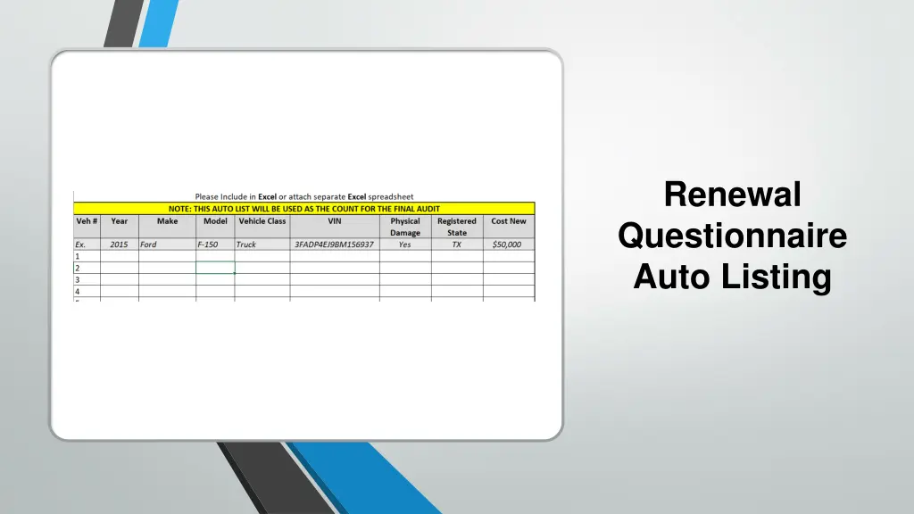 renewal questionnaire auto listing