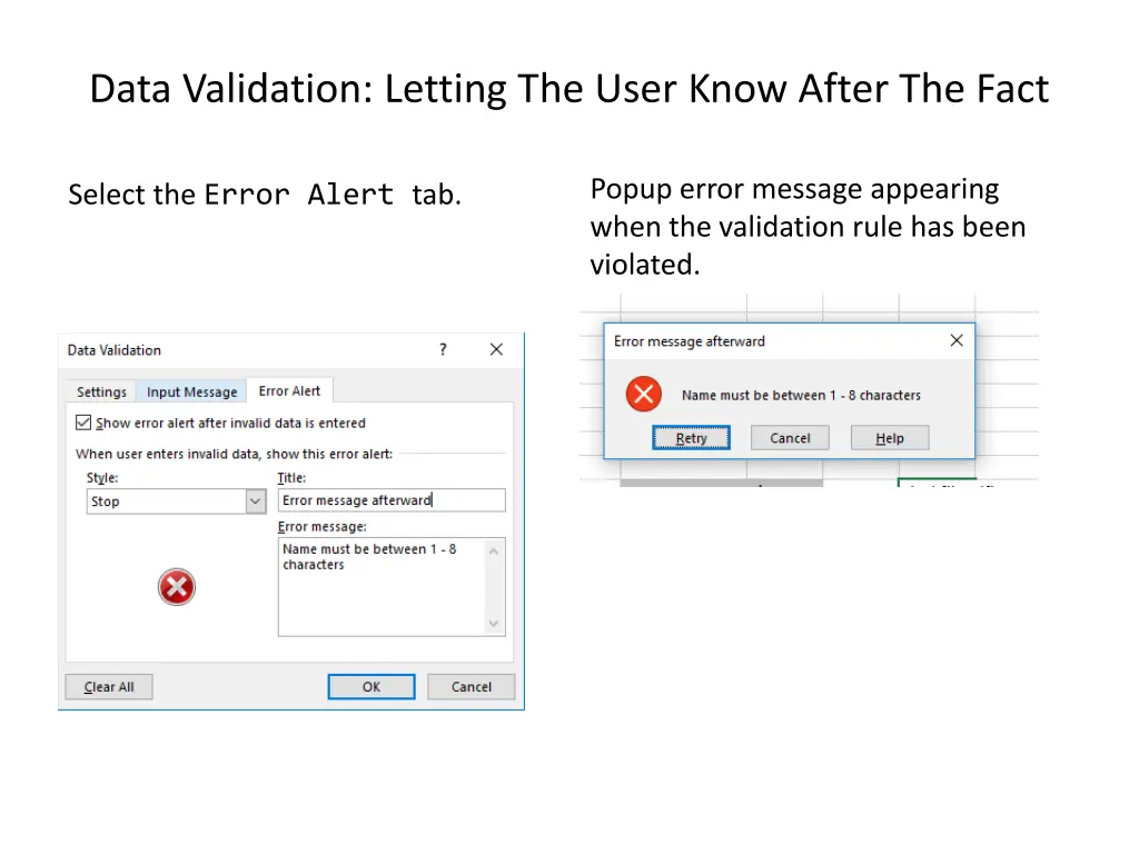 data validation letting the user know after